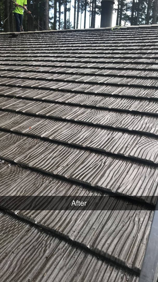Shake-style roof after cleaning, shingles clear of debris